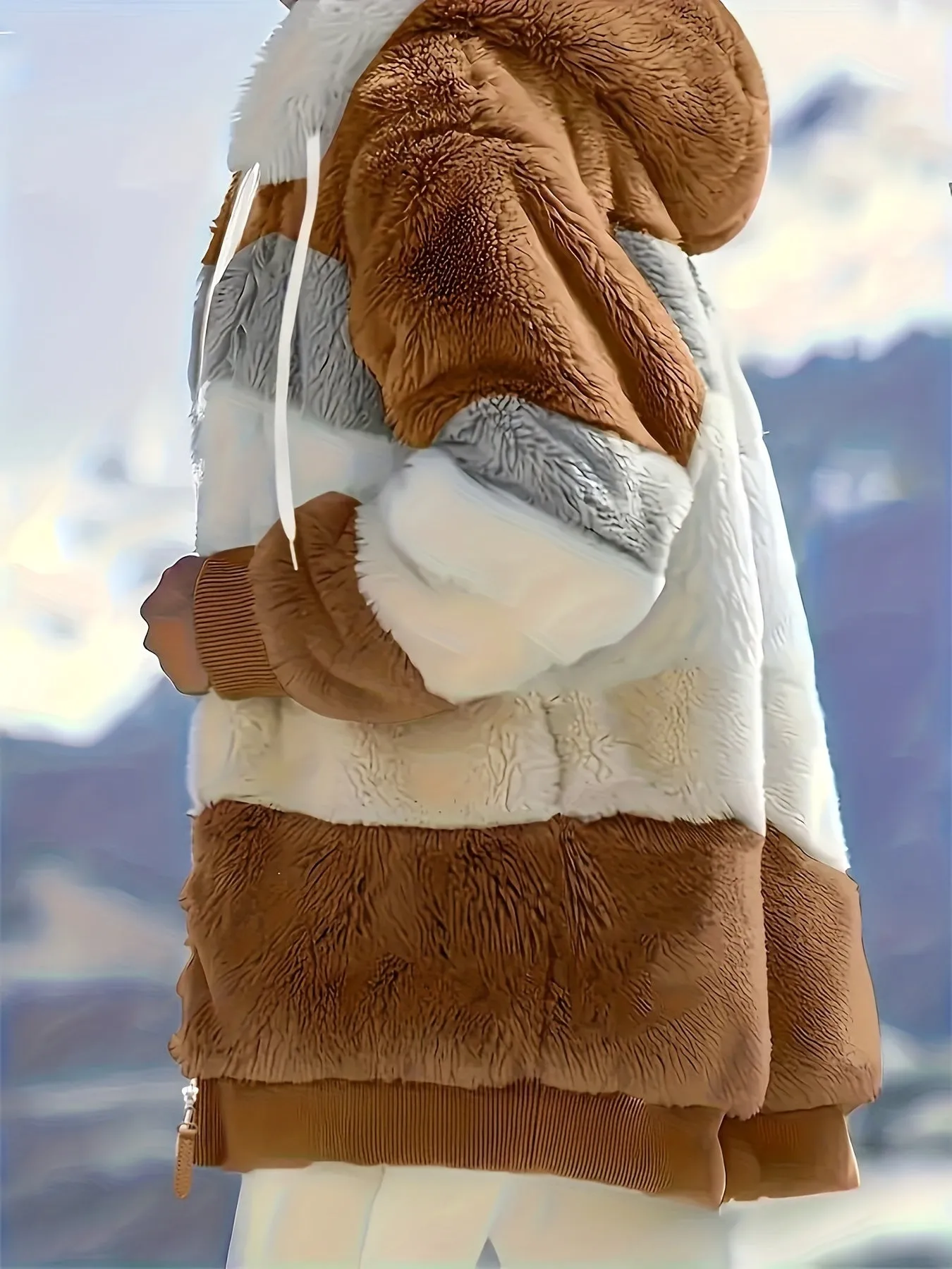 "Color Block Fuzzy Hooded Coat - Jackets In Winter Cozy Long Sleeve Winter Jacket"