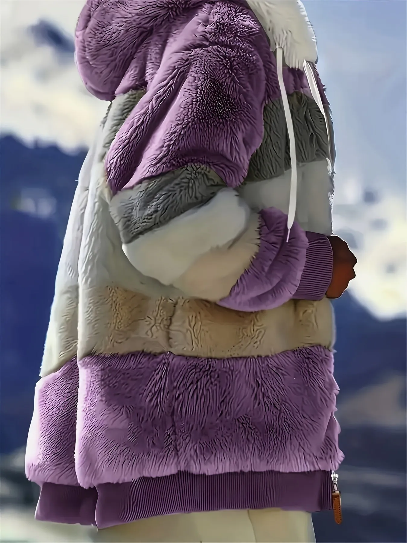 "Color Block Fuzzy Hooded Coat - Jackets In Winter Cozy Long Sleeve Winter Jacket"