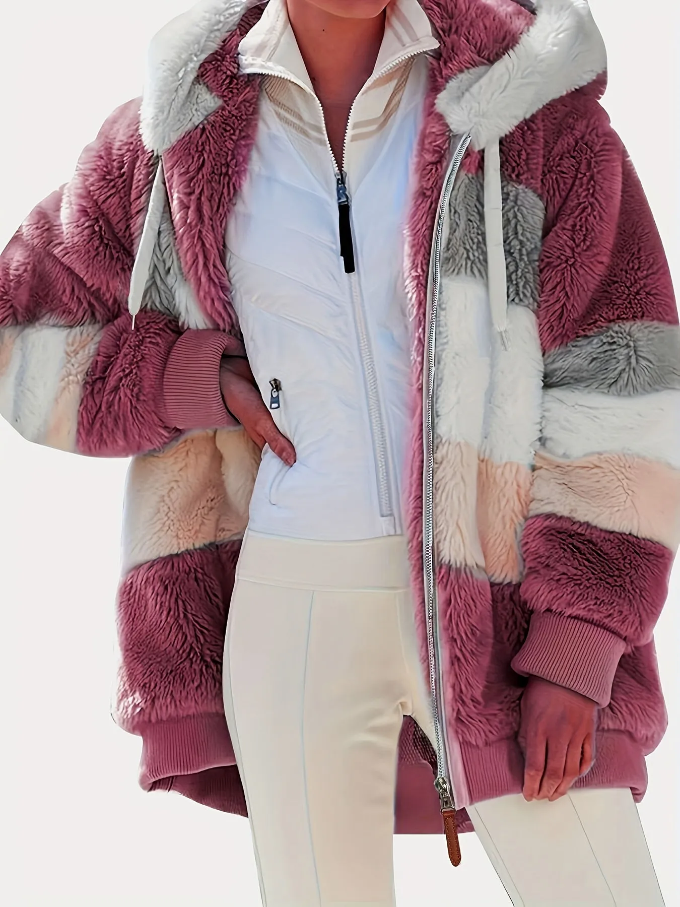 "Color Block Fuzzy Hooded Coat - Jackets In Winter Cozy Long Sleeve Winter Jacket"