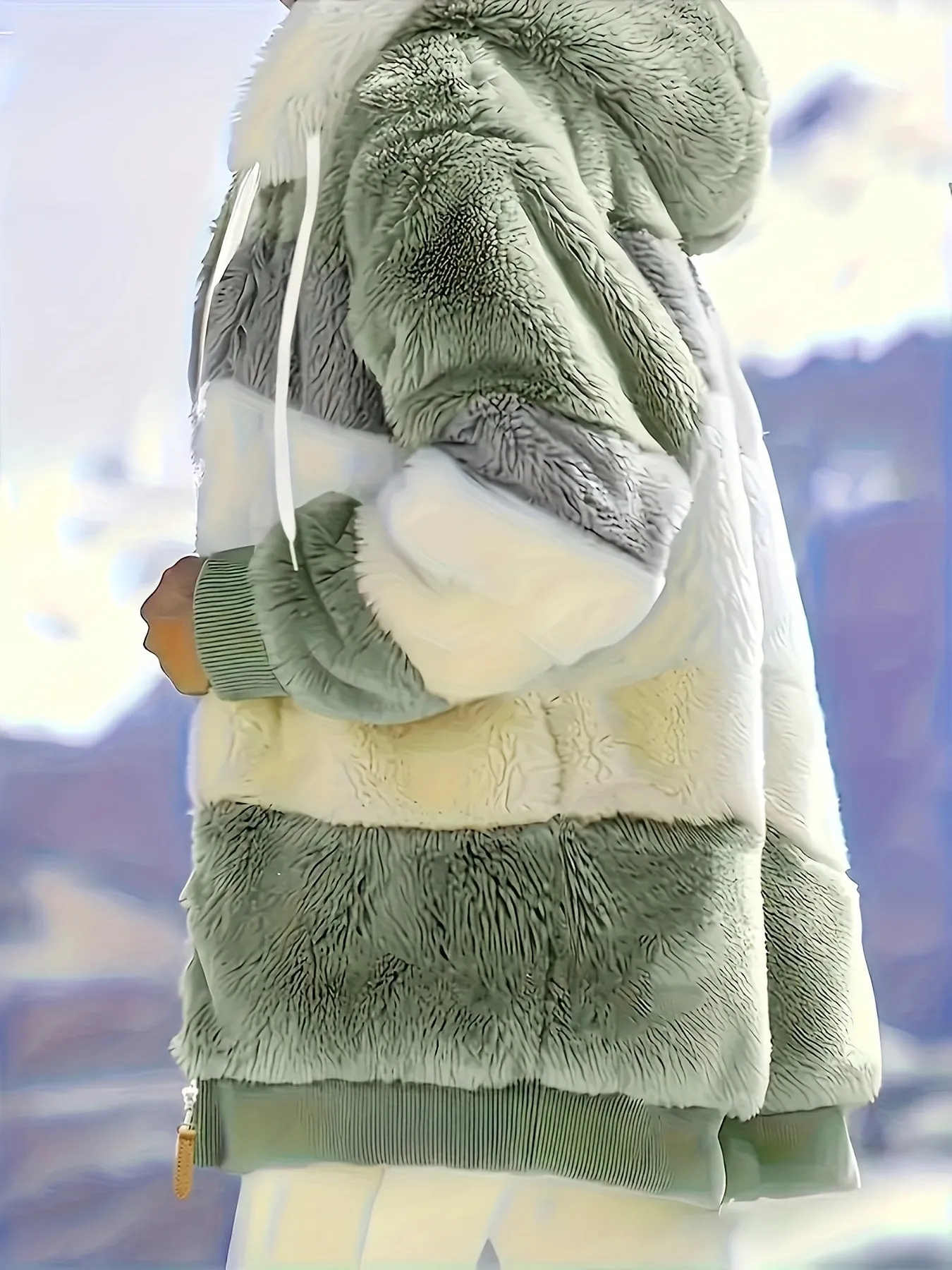 "Color Block Fuzzy Hooded Coat - Jackets In Winter Cozy Long Sleeve Winter Jacket"