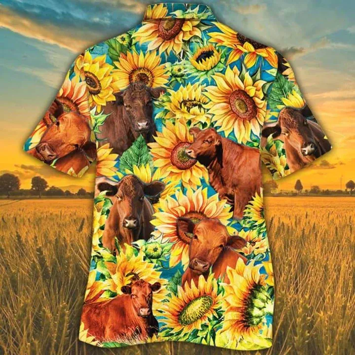 Red Angus Cattle Lovers Sunflower Watercolor Hawaiian Shirt, Cow Hawaiian shirts for men, women