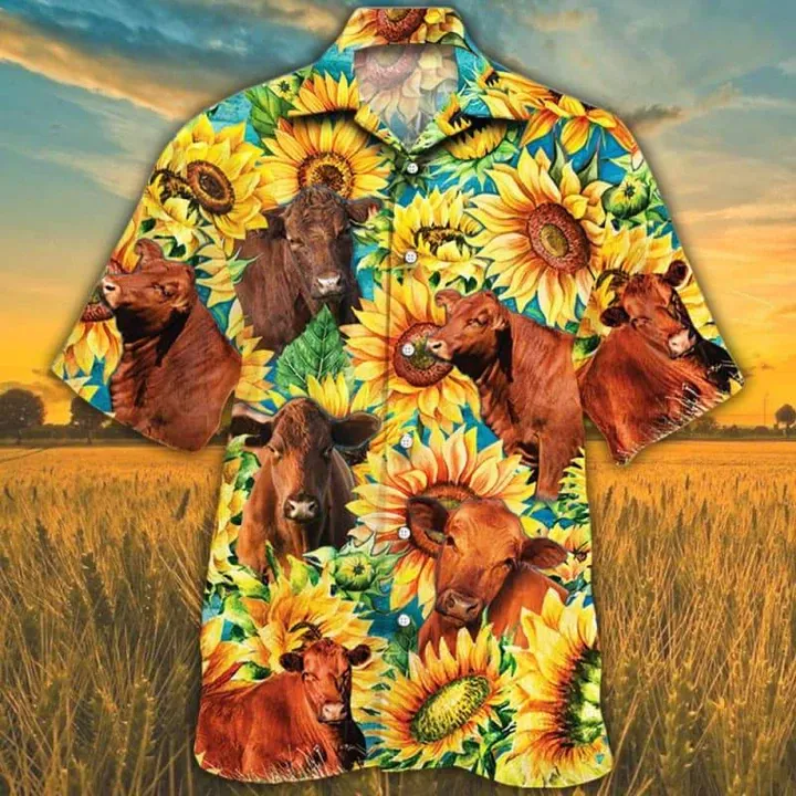 Red Angus Cattle Lovers Sunflower Watercolor Hawaiian Shirt, Cow Hawaiian shirts for men, women