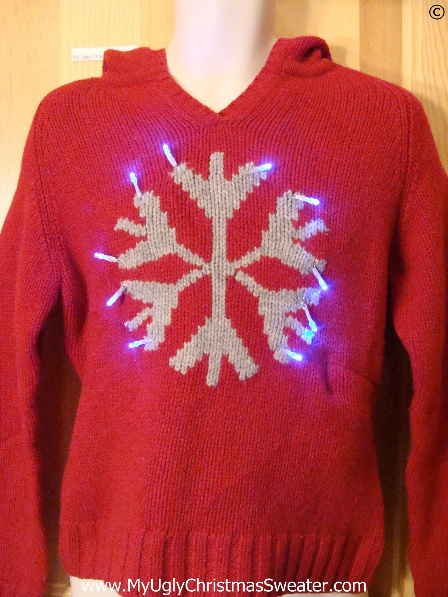 Red Christmas Sweater Hoodie w- Snowflake and Lights