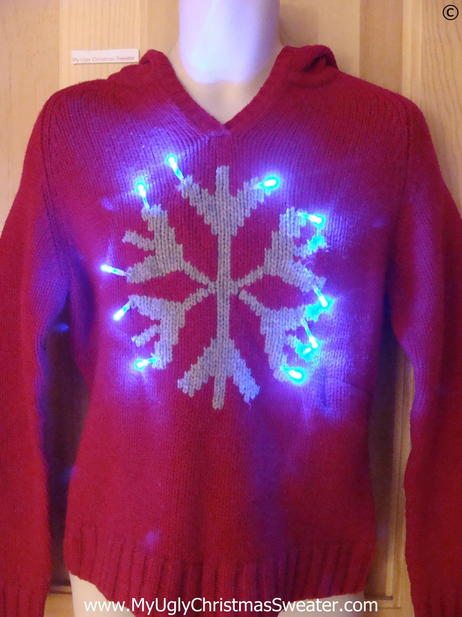 Red Christmas Sweater Hoodie w- Snowflake and Lights