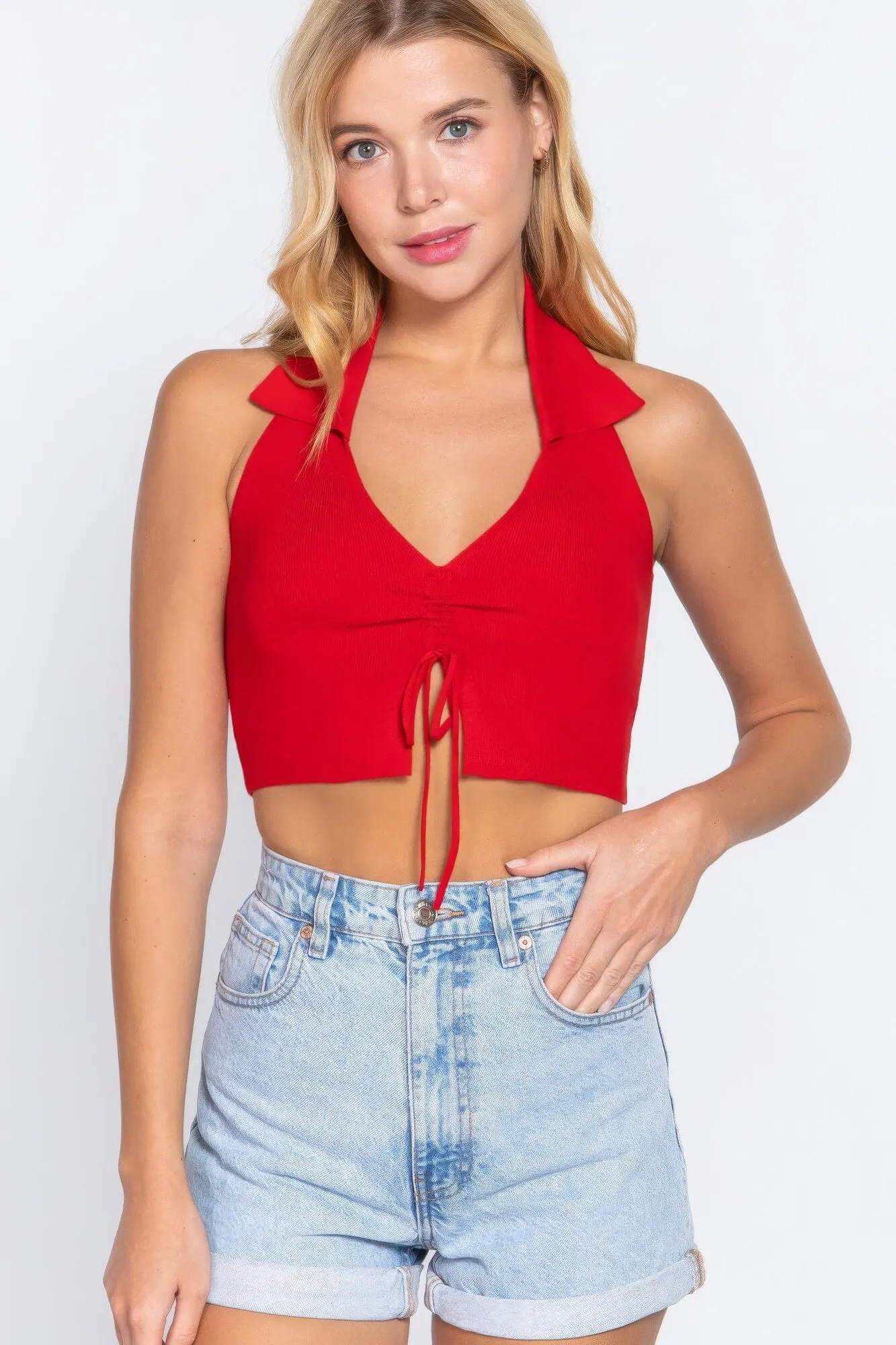 Red Glow Halter Ruched Crop Sweater Knit Top