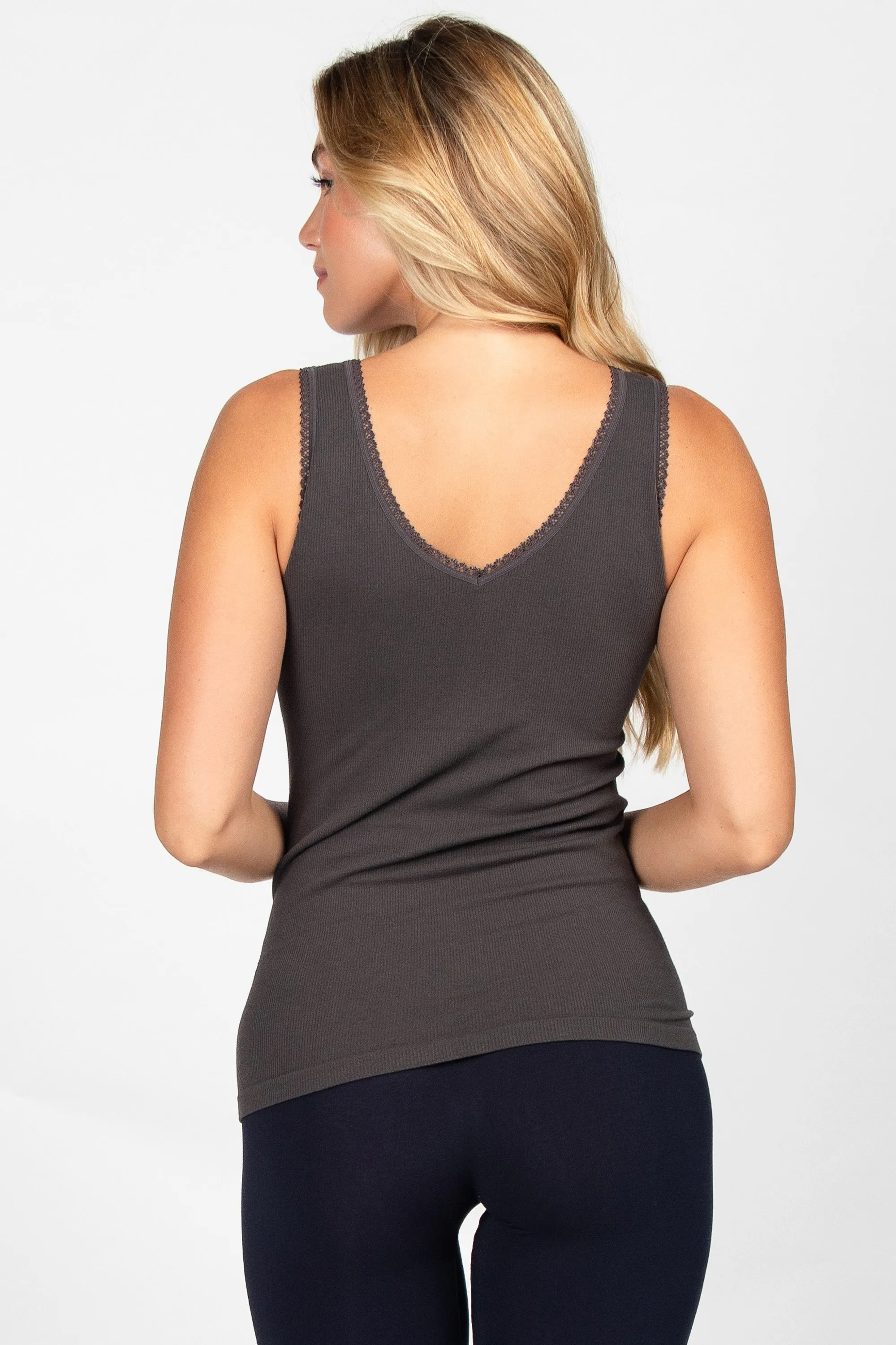 Reversible Ribbed V-Scoop Tank with Lace Trim