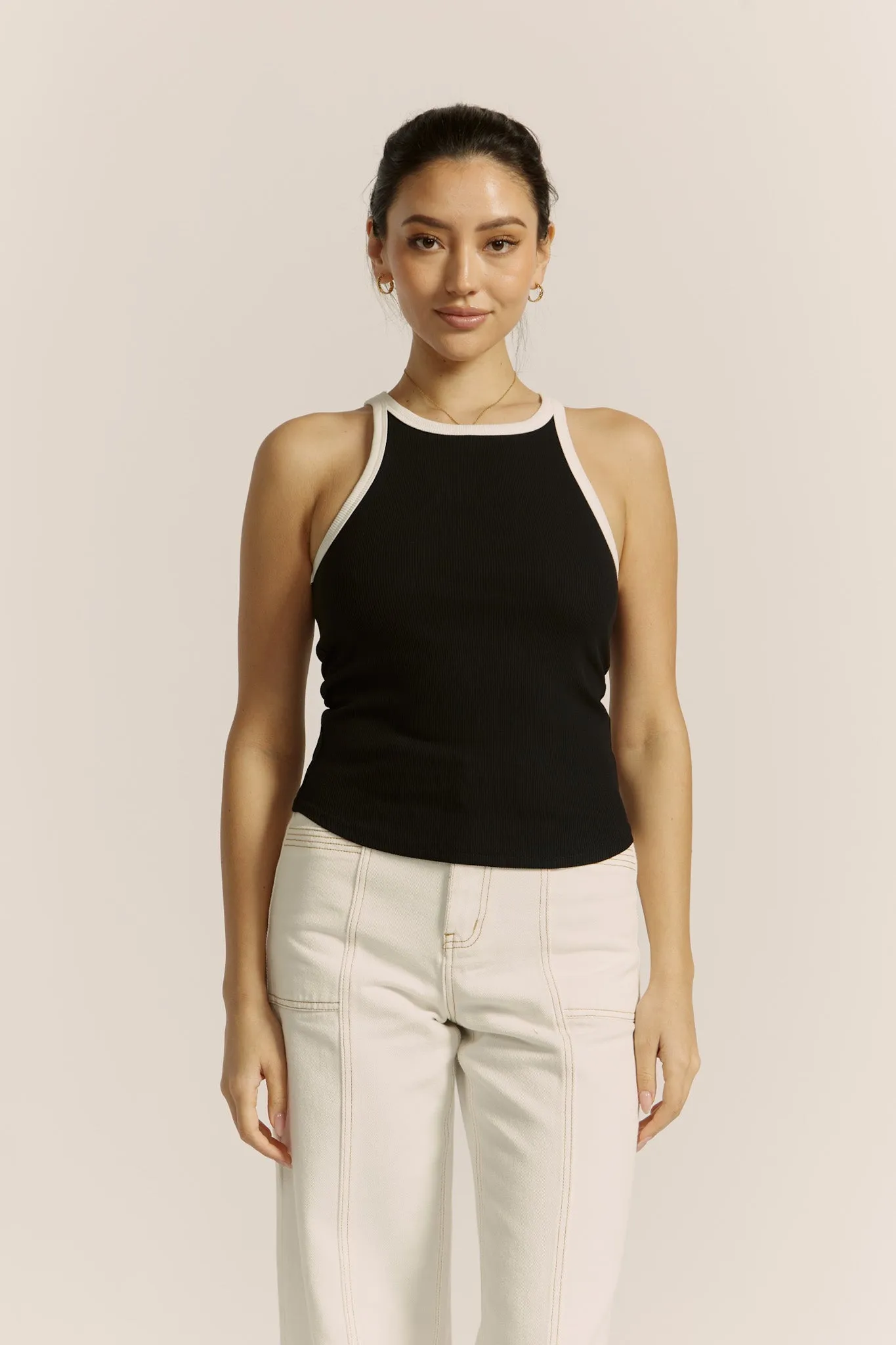 Rowen Black Contrast Ribbed Tank Top