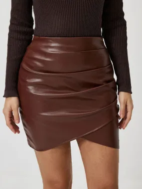 Ruched Asymmetrical Hem Skirt | Faux Leather Skirt