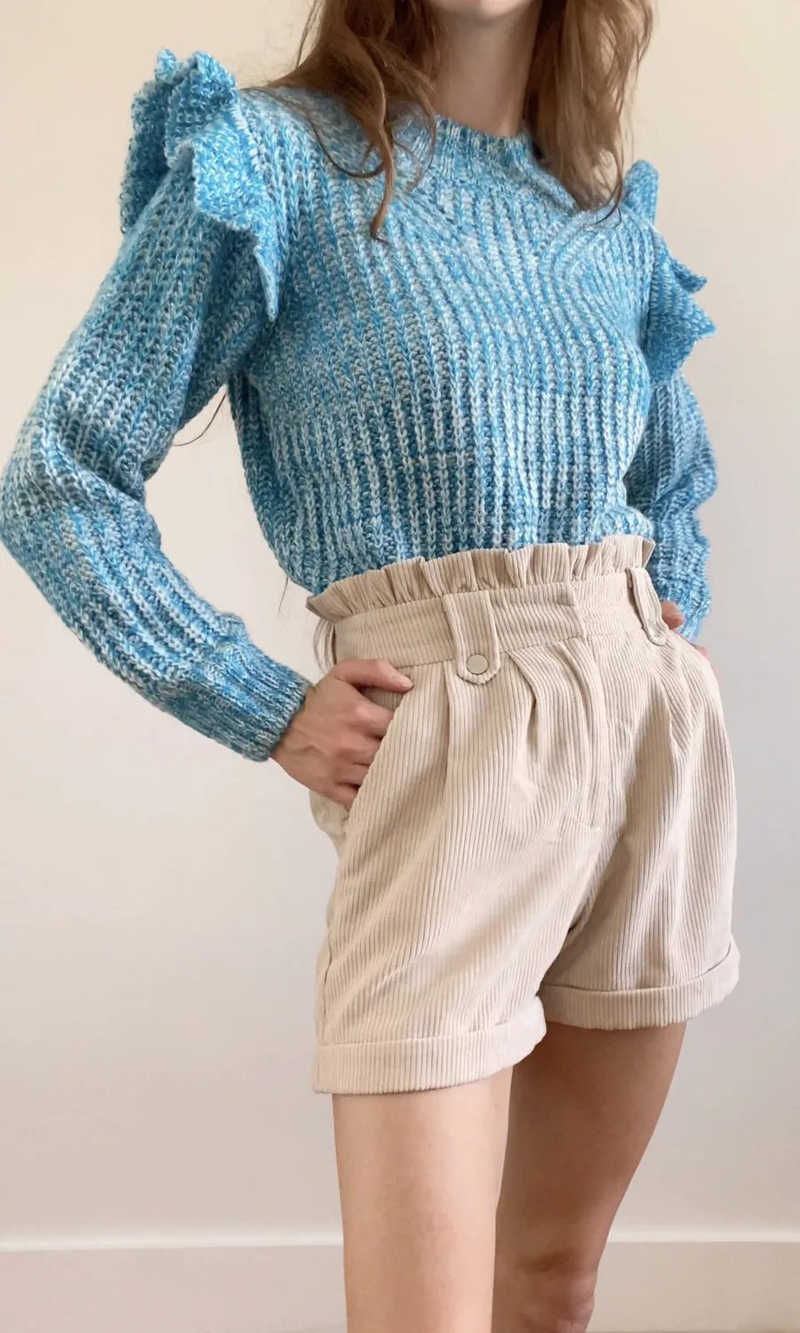 Ruth Ruffled Shoulder Sweater in Blue - FINAL SALE