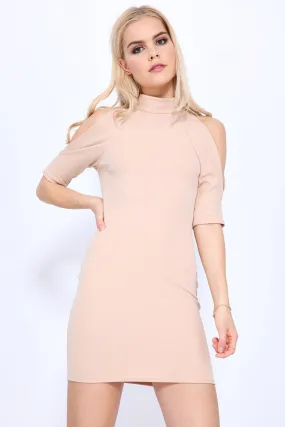 Sand High Neck Cold Shoulder Dress