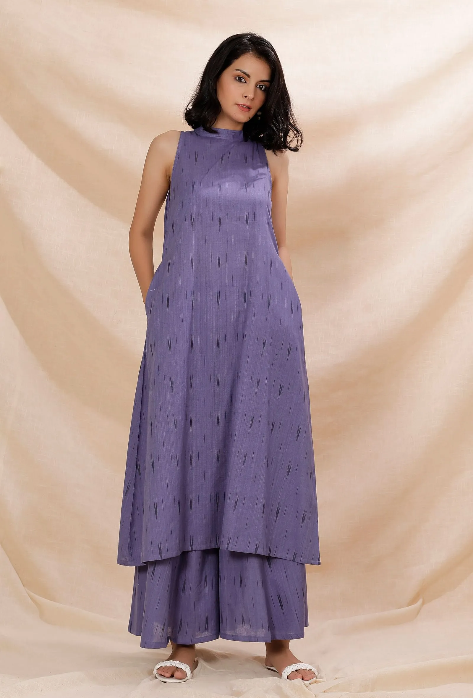 Set of 2: Mauve Halter Neck Cotton Ikkat Kurta With Flared Pants