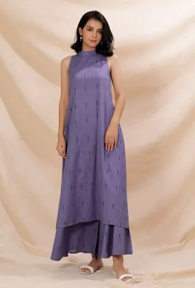 Set of 2: Mauve Halter Neck Cotton Ikkat Kurta With Flared Pants