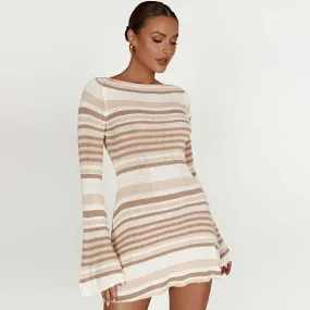 Sexy Boat Neck Flared Sleeve Tie Back Bold Stripe Mini Sweater Dress