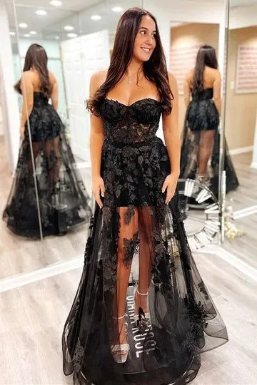 Sheer Lace Applique Prom Dresses Strapless Formal Gown         fg6666