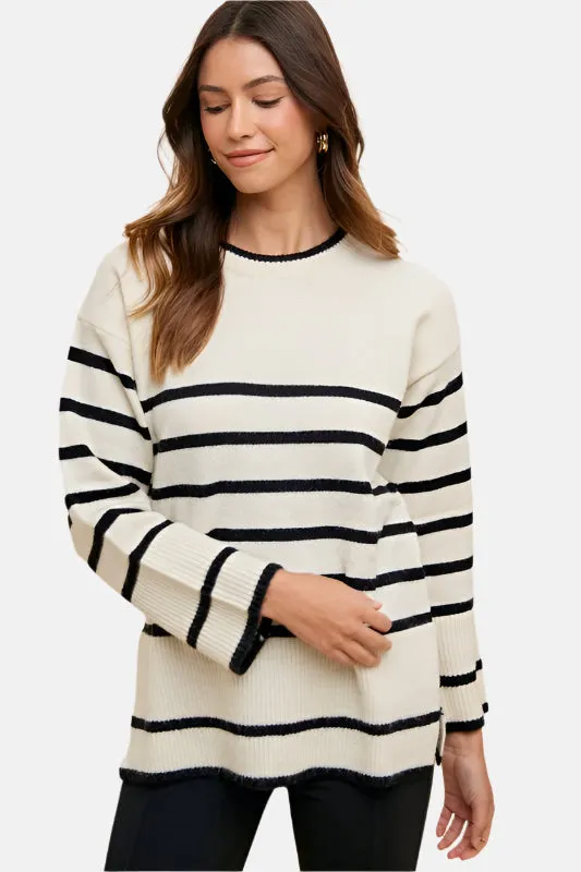 Side Slit Striped Round Neck Sweater