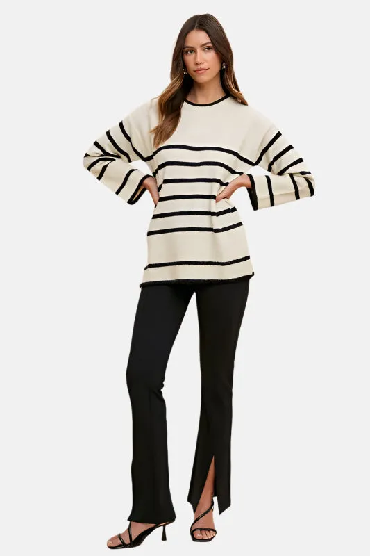 Side Slit Striped Round Neck Sweater