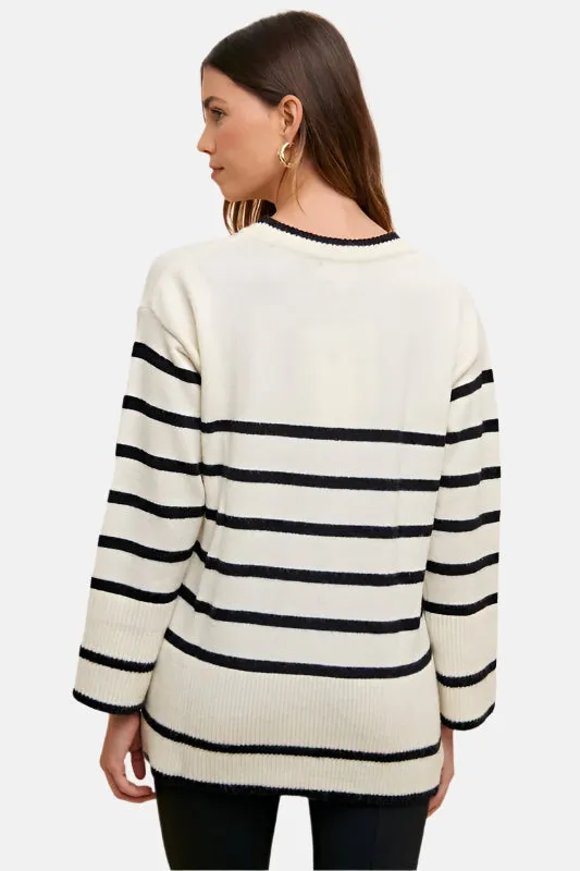 Side Slit Striped Round Neck Sweater