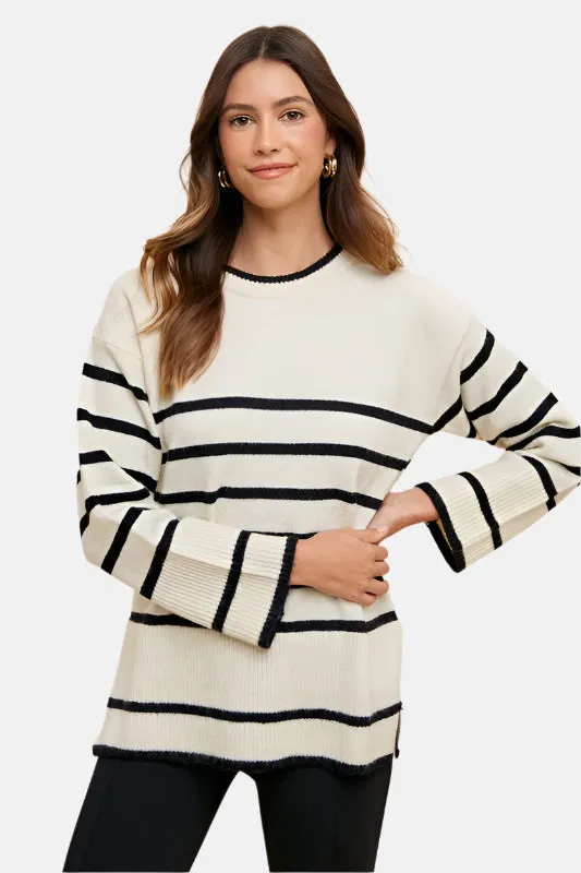 Side Slit Striped Round Neck Sweater