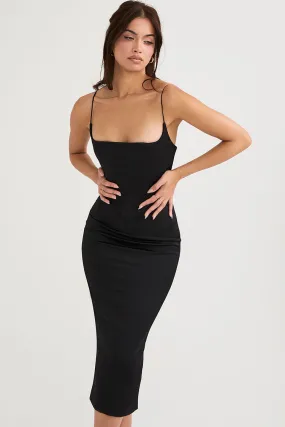 Silky Satin Square Neck Cami Slip Cocktail Party Midi Dress - Black