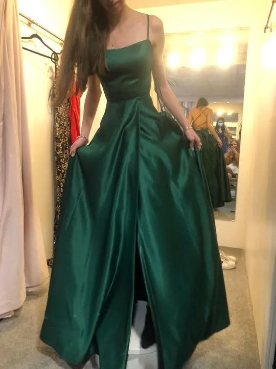 simple green satin prom dresses, formal party dress long      fg6265