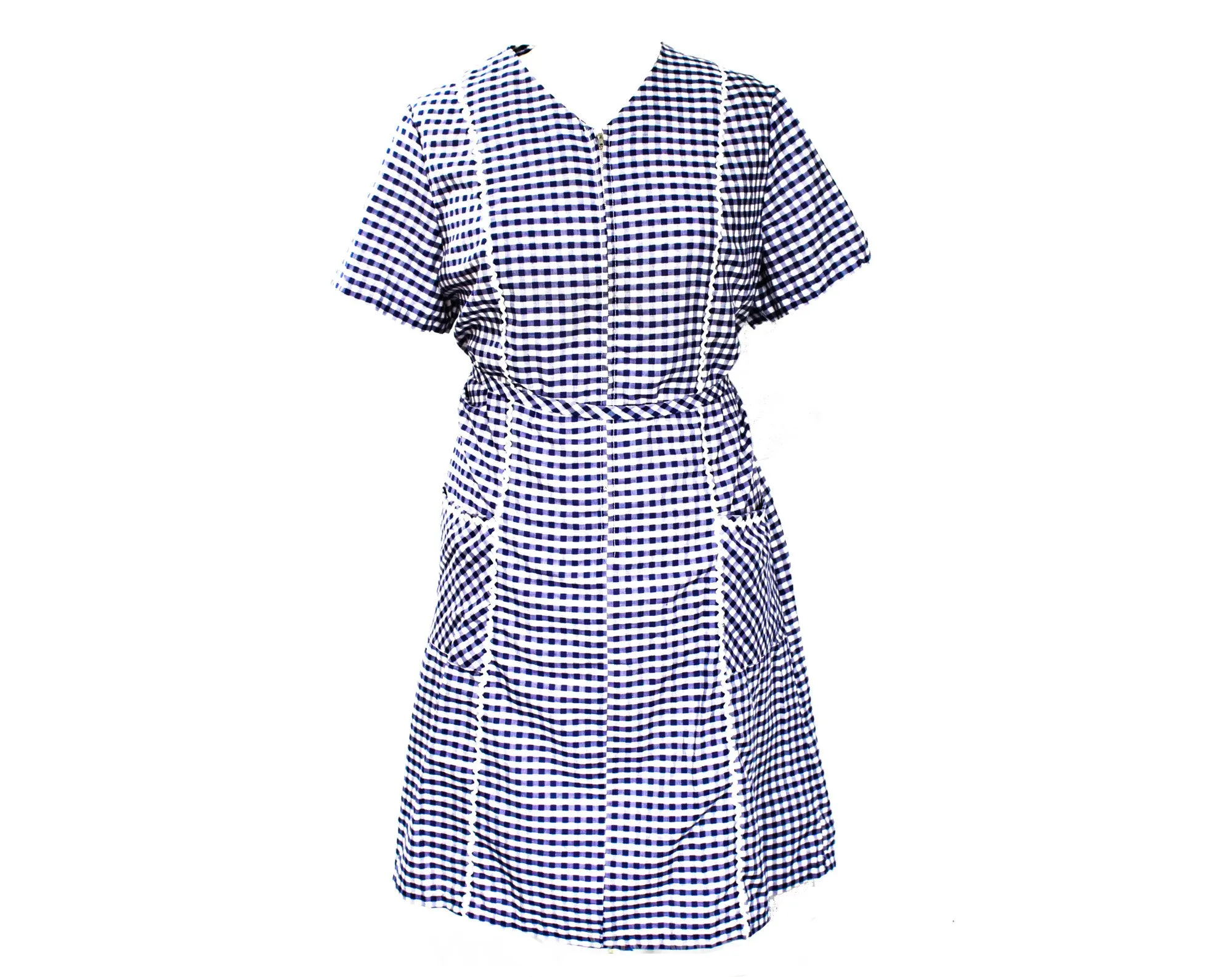 Size 20 House Dress - XL 60s Navy Blue Gingham Cotton Short Sleeved House Wife Chore Frock - 1950s 1960s Deadstock - Bust 48 Plus Size