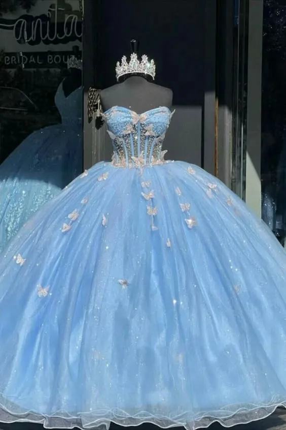 Sky Blue Quinceanera Dresses 3D Butterfly Sweet 16 Prom Birthday Party Ball Gown      fg6604