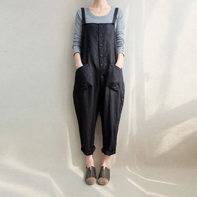 Sleeveless Dungarees Loose Cotton Linen Long Jumpsuit