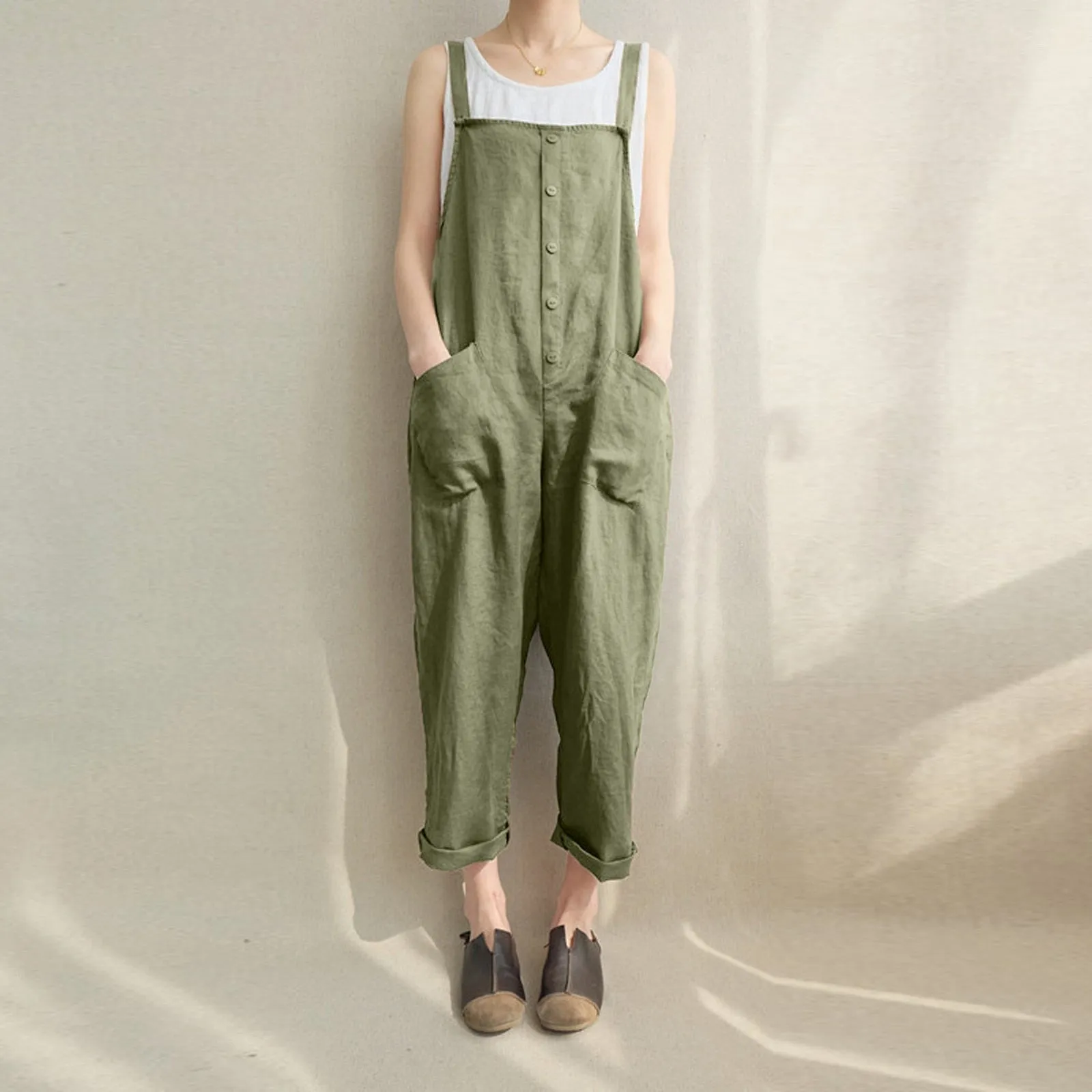 Sleeveless Dungarees Loose Cotton Linen Long Jumpsuit