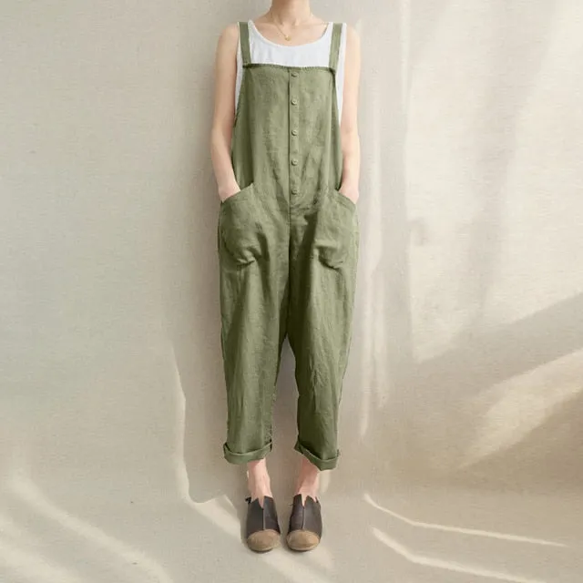 Sleeveless Dungarees Loose Cotton Linen Long Jumpsuit