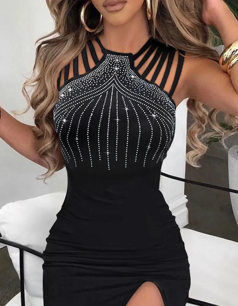 Solid-color Halter Slits Night Club Party Bodycon Dresses