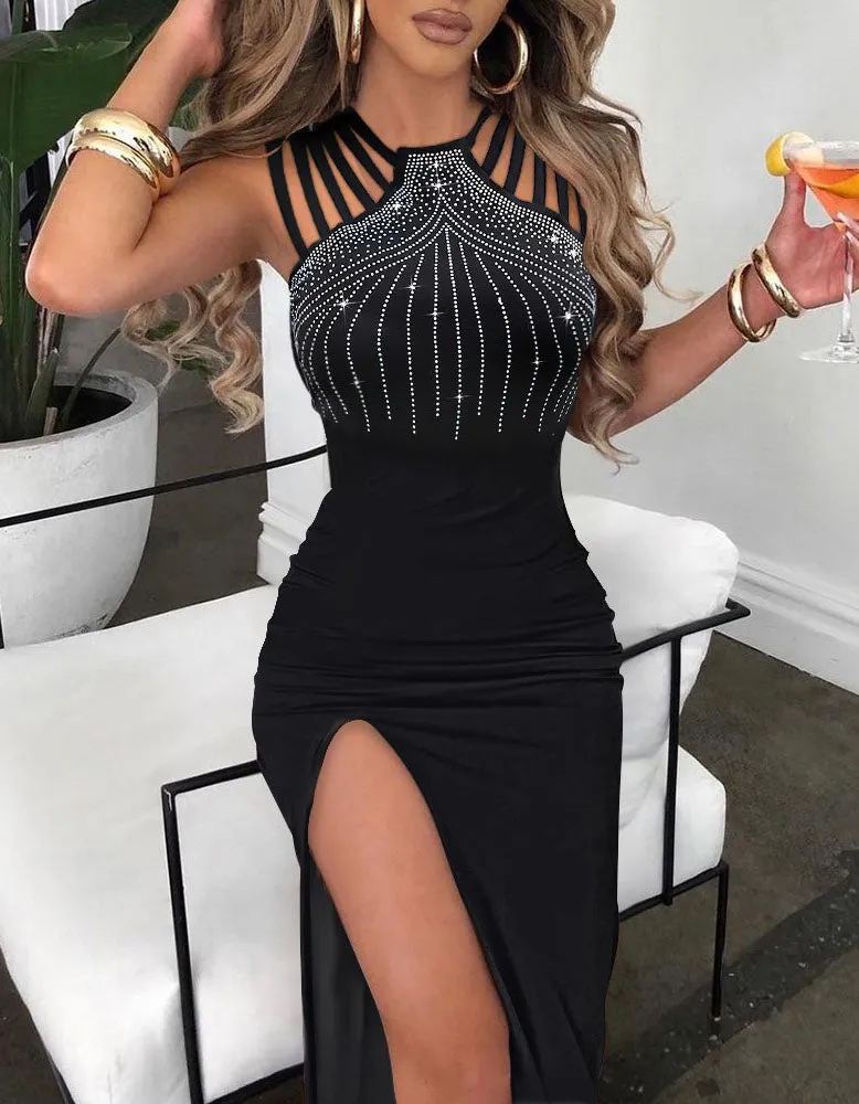 Solid-color Halter Slits Night Club Party Bodycon Dresses