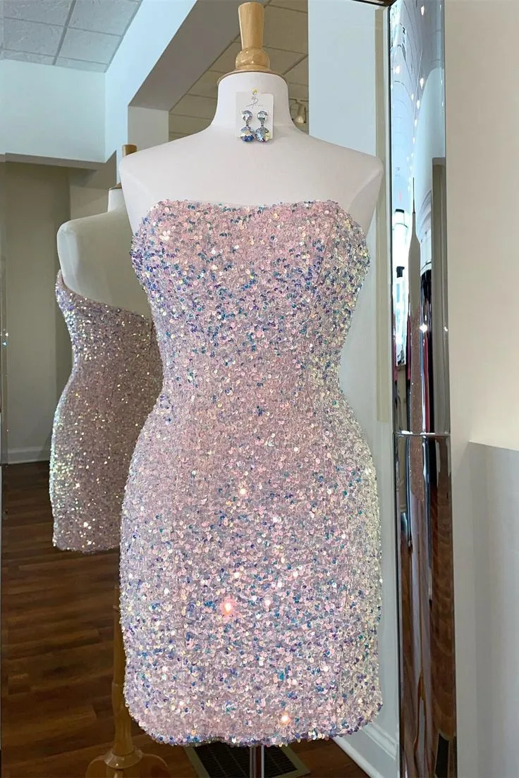 Sparkle Pink Sequin Strapless Bodycon Mini Party Dress Short Prom Dress    fg3656