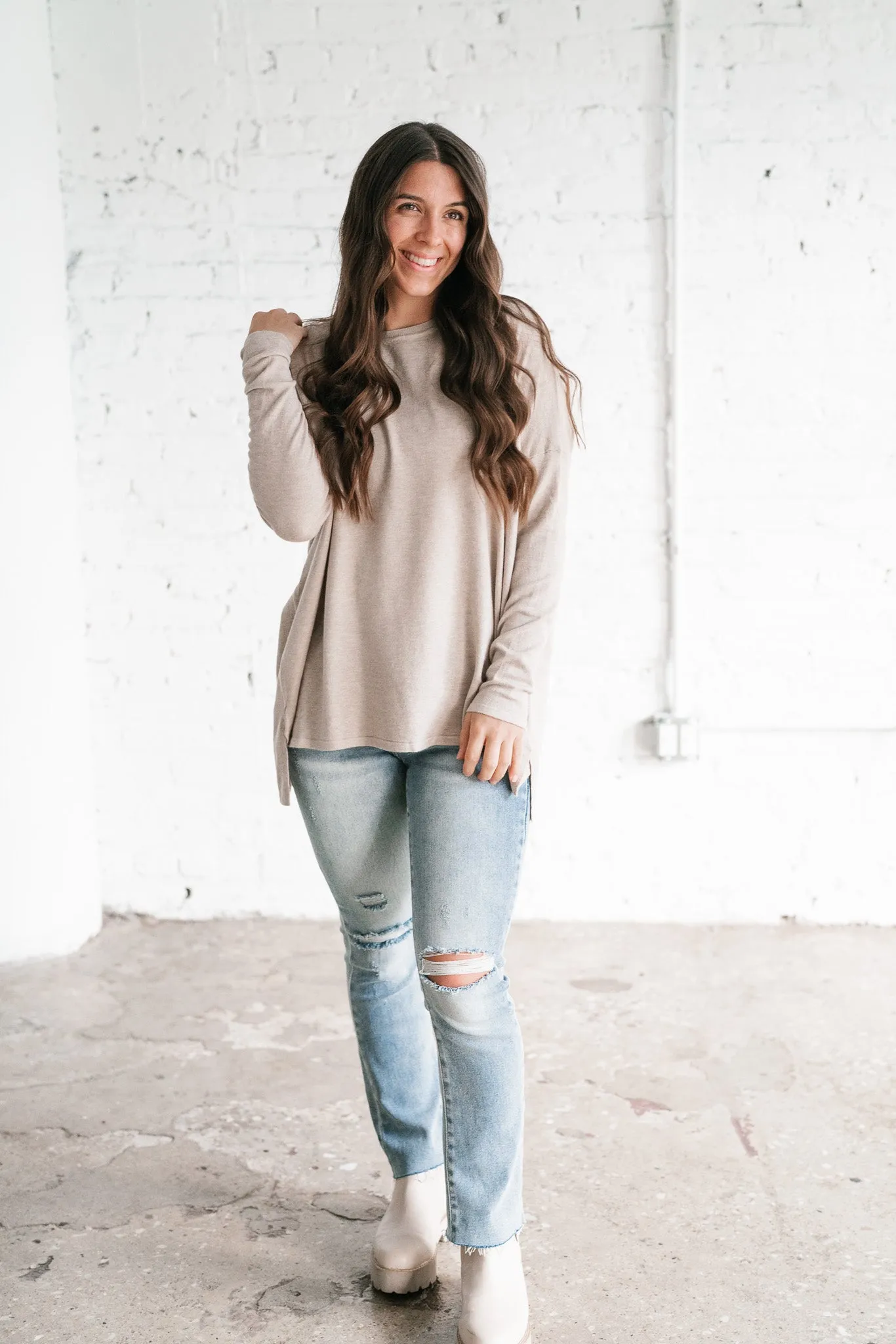 Stay Close Drop Shoulder Sweater - Latte