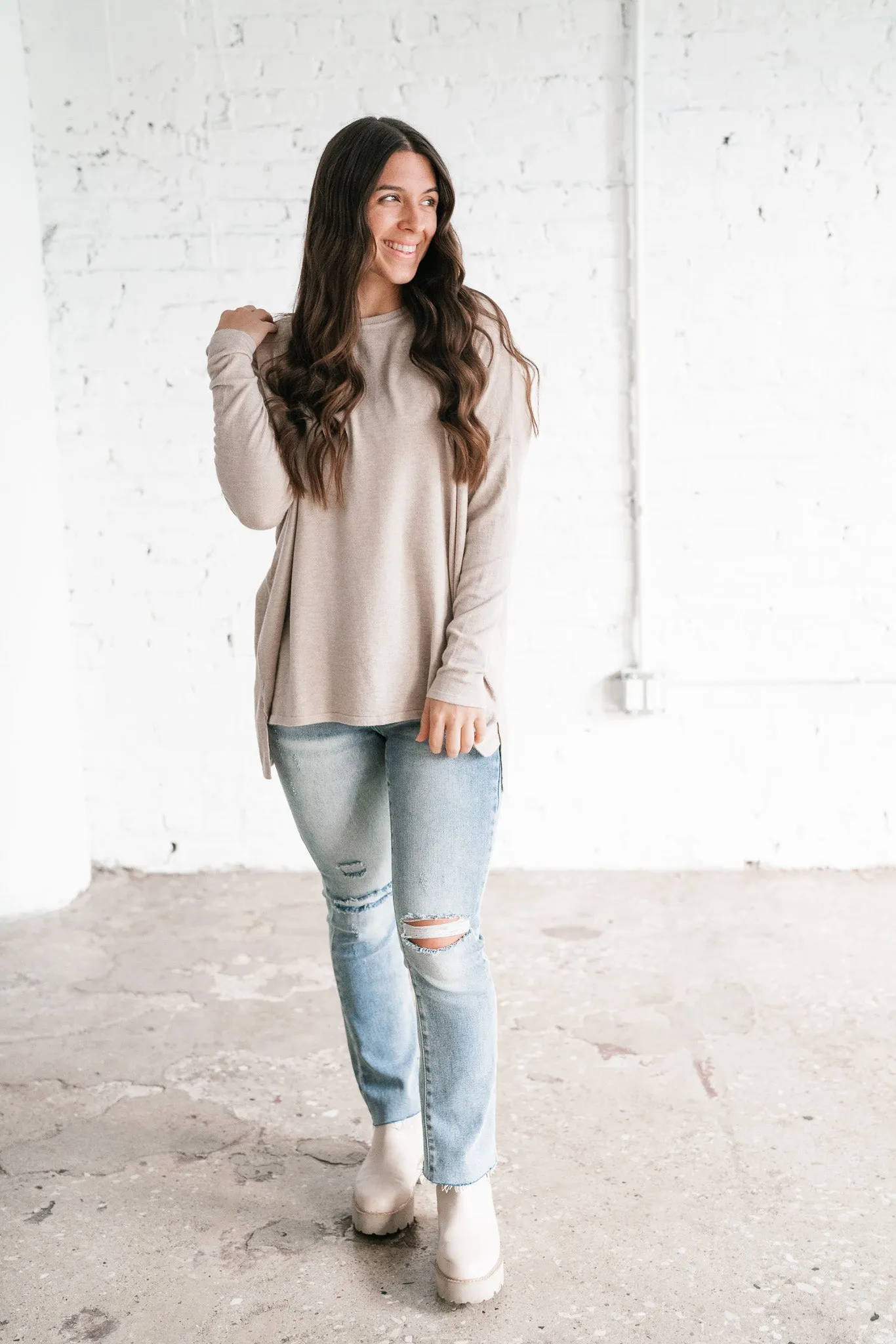 Stay Close Drop Shoulder Sweater - Latte