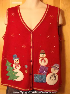 Tacky Cheap Ugly Christmas Sweater Vest with Carrot Nosed Snowmen (f626)