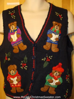 Tacky Ugly Christmas Sweater Vest with Carolling Bears (f328)