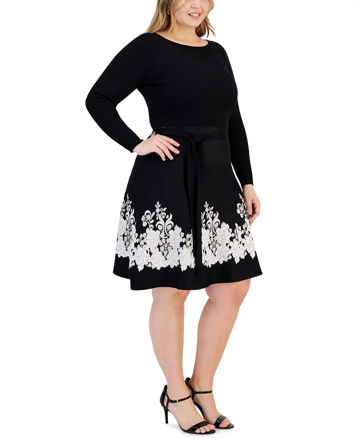 Taylor Plus Size Embroidered Tie-Waist Sweater Dress