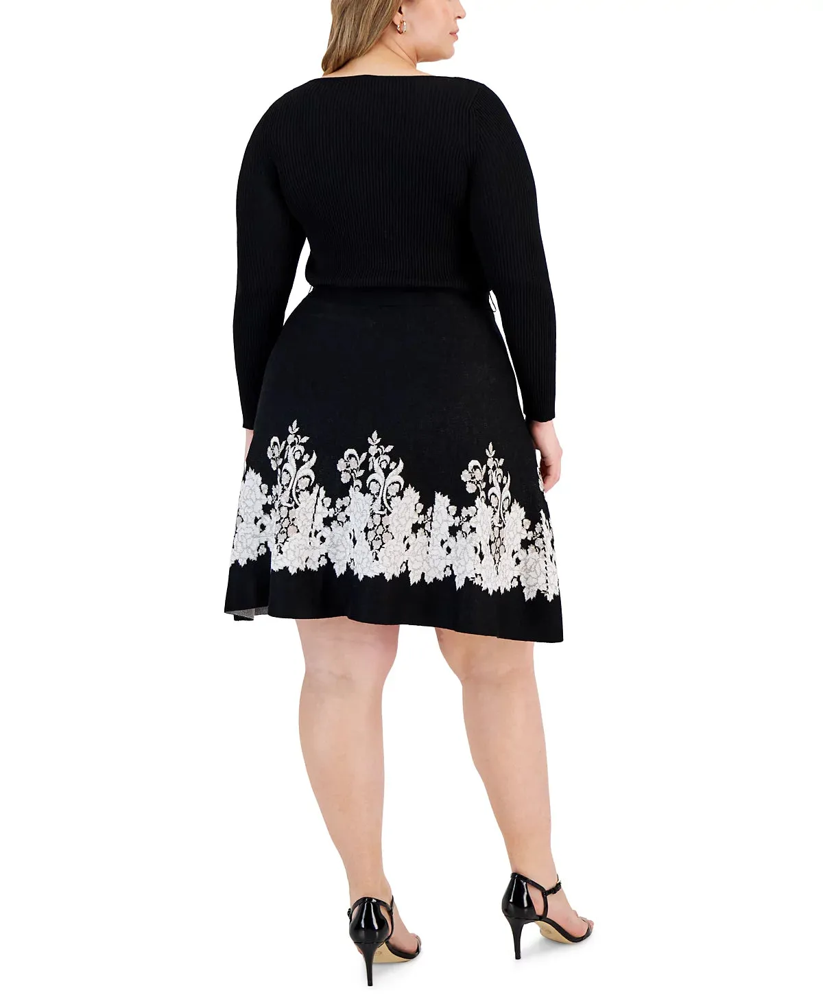 Taylor Plus Size Embroidered Tie-Waist Sweater Dress