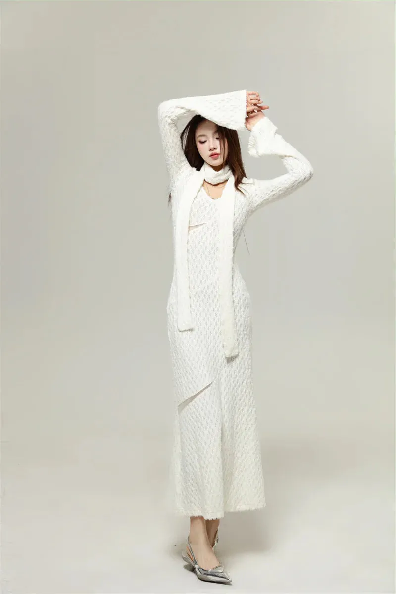 Textured Long Sleeve Mesh Cutout Maxi Sweater Dress with Scarf