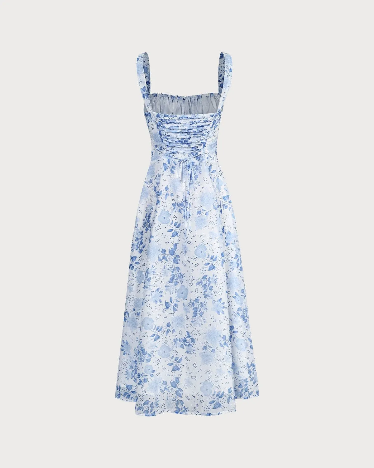 The Blue Square Neck Floral Ruched Midi Dress