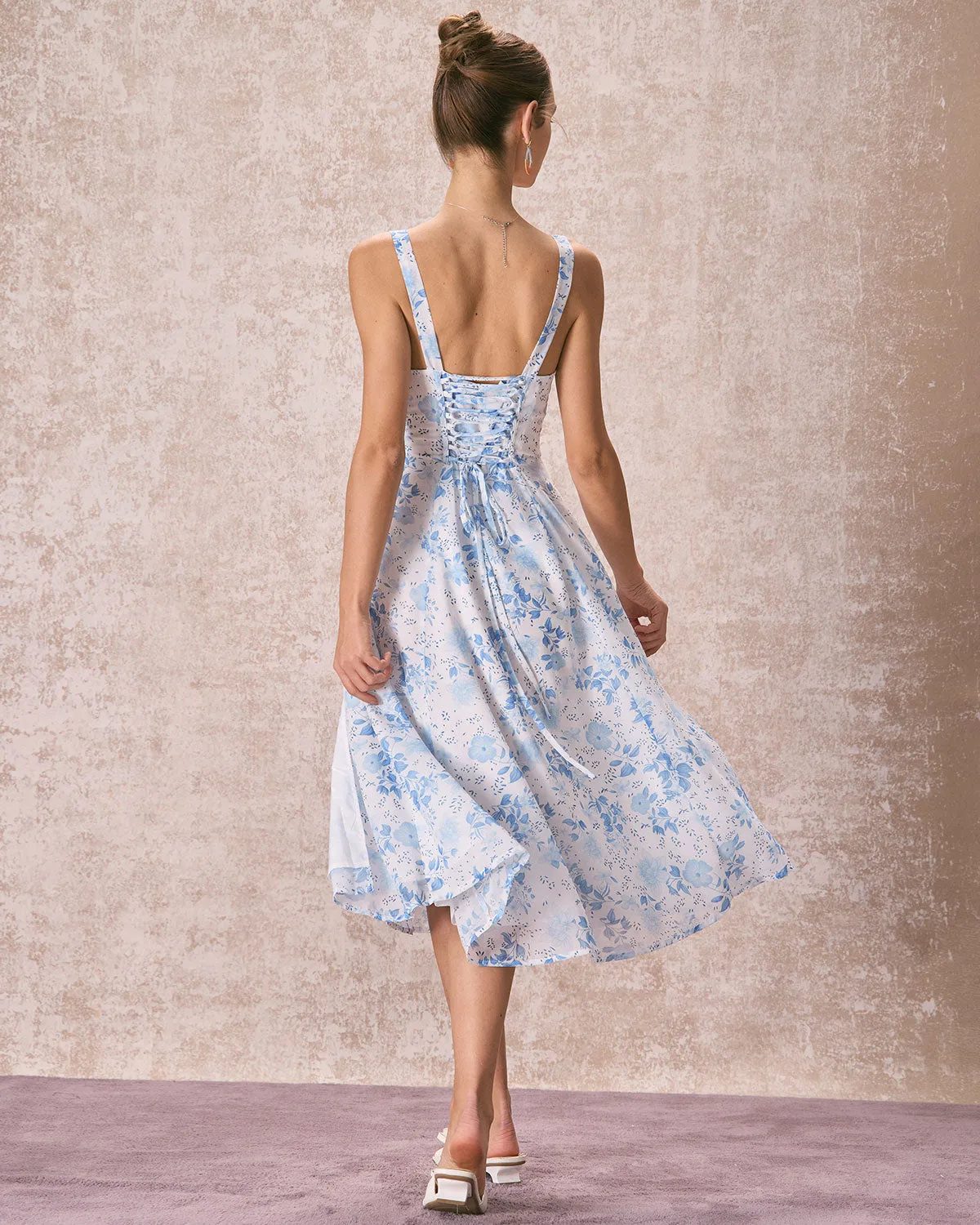 The Blue Square Neck Floral Ruched Midi Dress