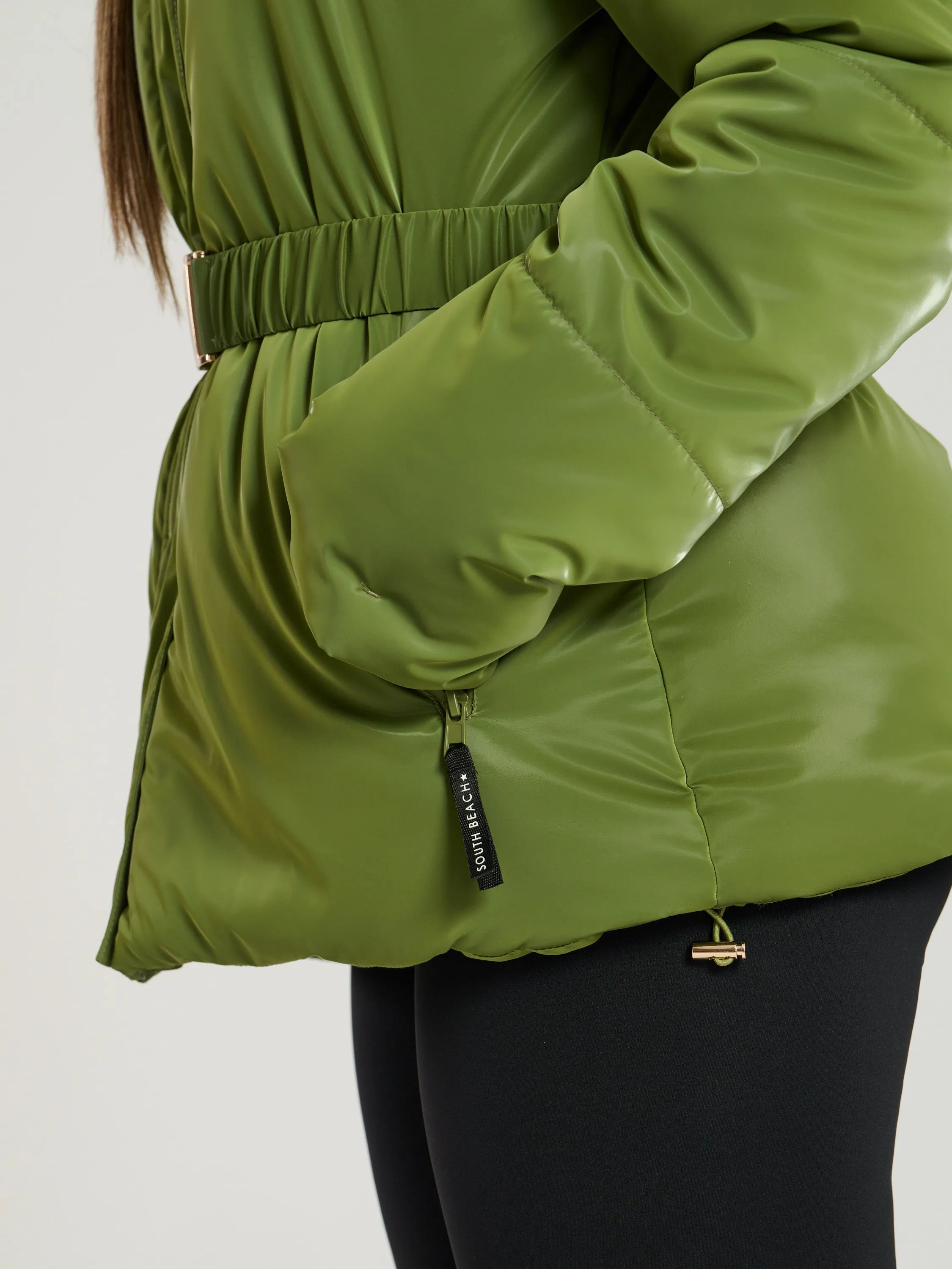 The 'Cloud' Padded Jacket with Fur Trim Hood in Olive