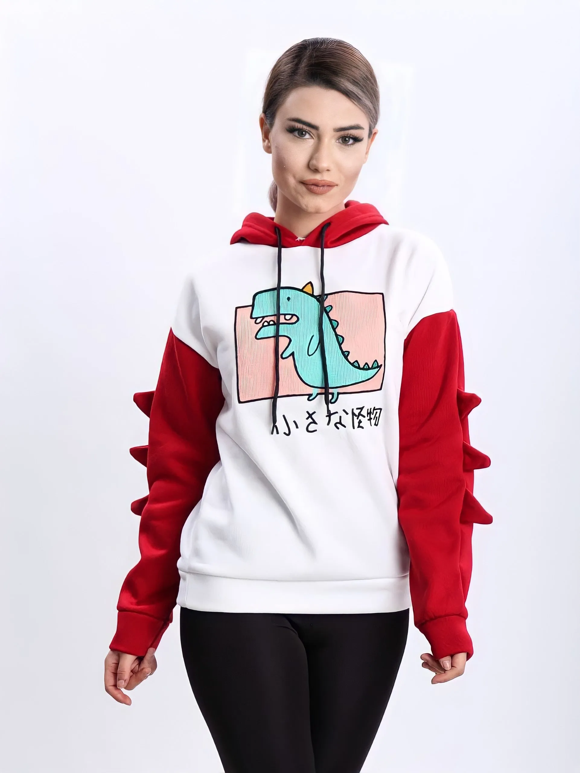 Turkish Dinosaur Cartoon Hoodie Women Fashion Sweatshirt - Red