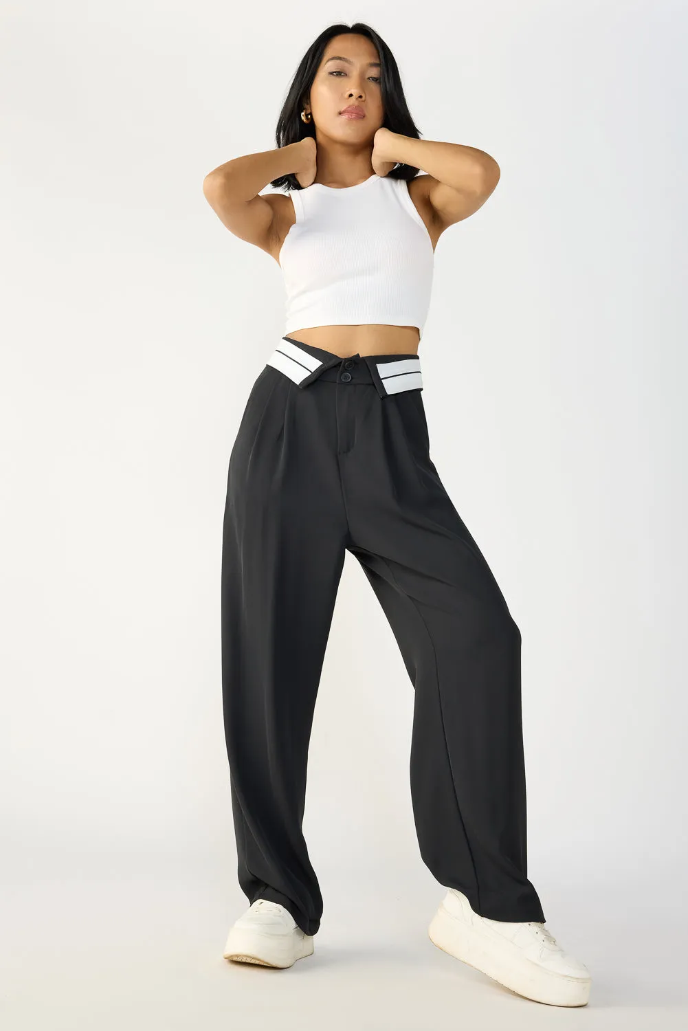 Turnover Waistband Black Korean Pants