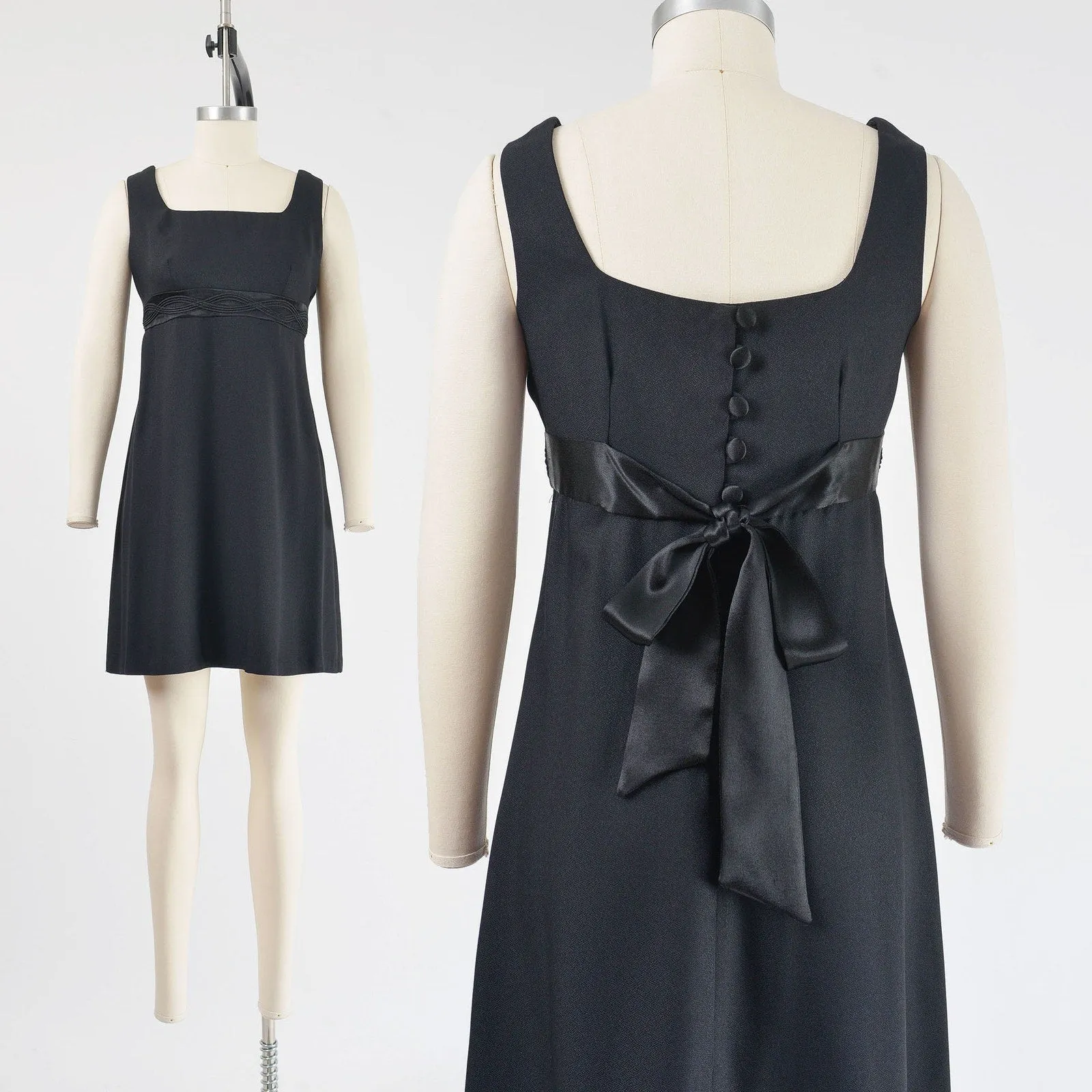 Vintage 90s Black Empire Waist Satin Tie Back Bow Babydoll Shift Dress size XS