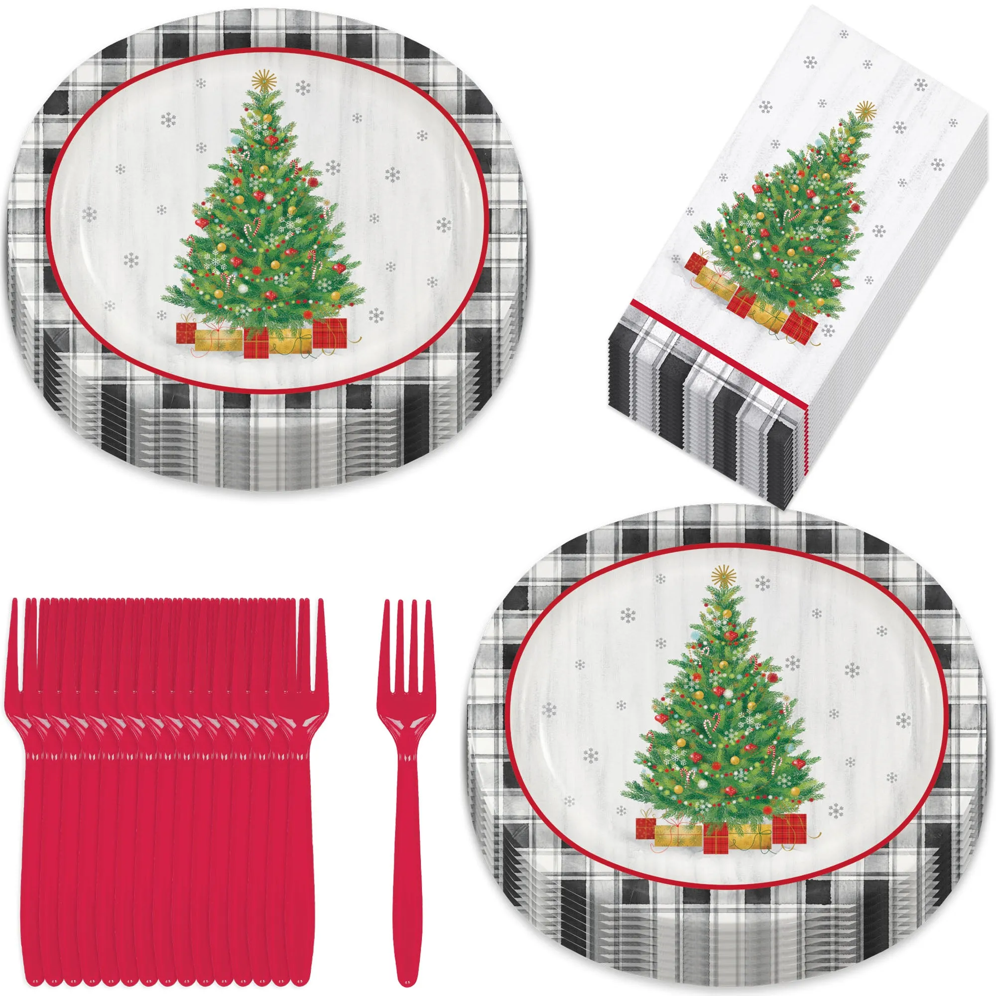 Vintage Christmas Tree Buffalo Plaid Holiday Party Large Oval Paper Dinner Plates, Guest Napkins, and Forks (Serves 16)