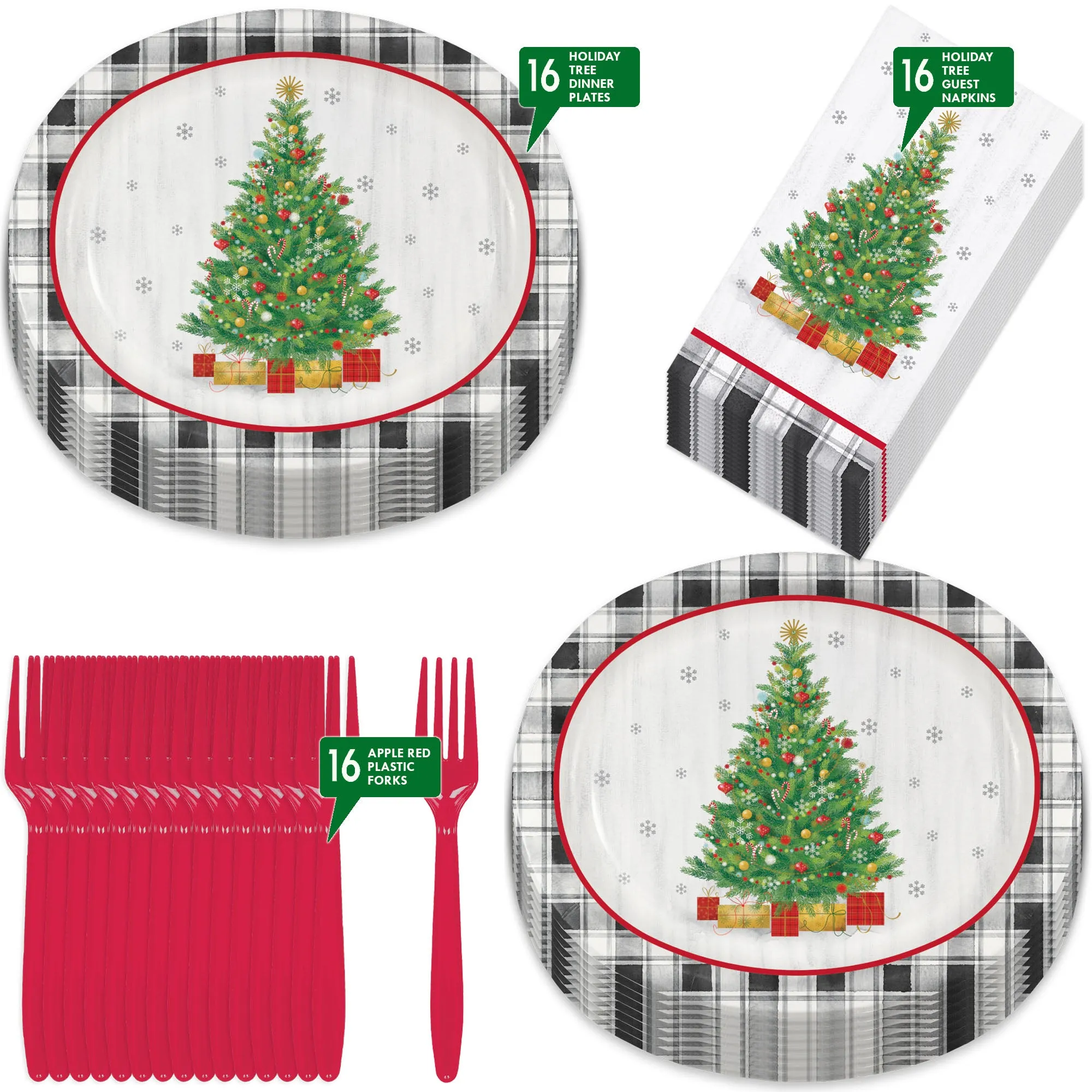 Vintage Christmas Tree Buffalo Plaid Holiday Party Large Oval Paper Dinner Plates, Guest Napkins, and Forks (Serves 16)