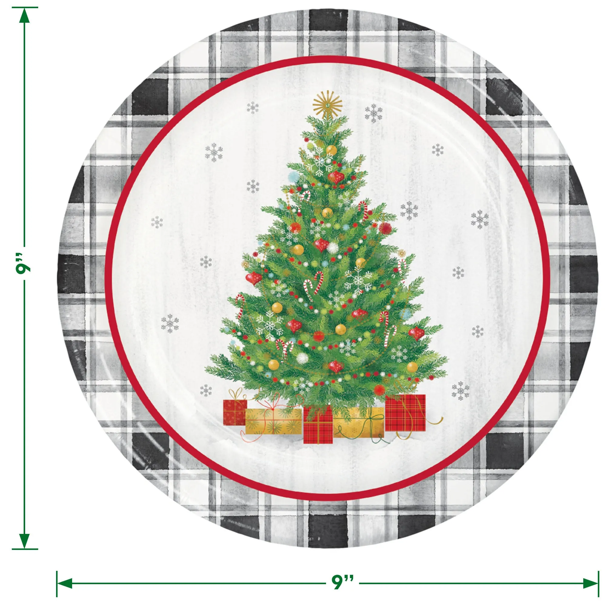 Vintage Christmas Tree Buffalo Plaid Holiday Party Paper Dinner Plates, Lunch Napkins, and Forks (Serves 16)