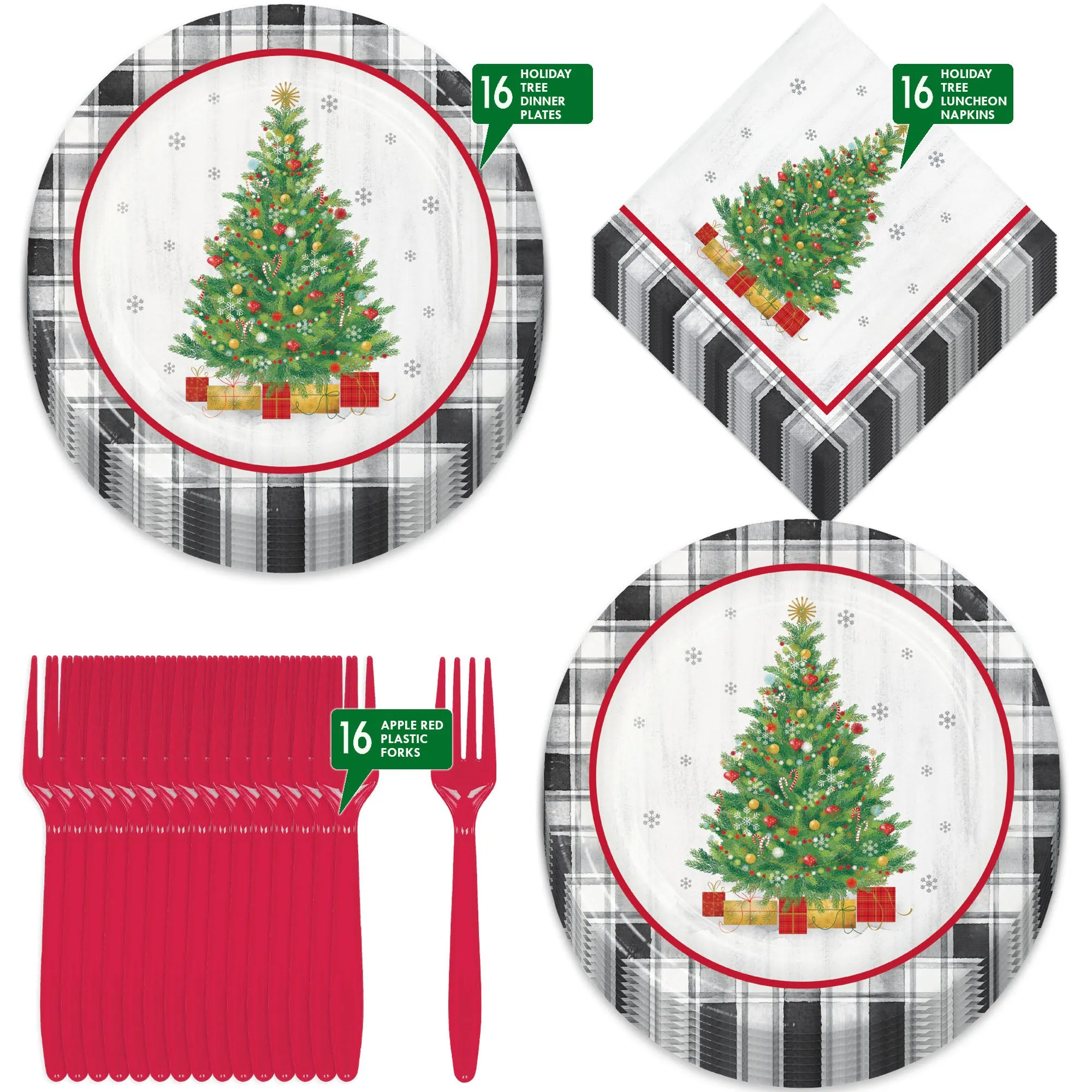 Vintage Christmas Tree Buffalo Plaid Holiday Party Paper Dinner Plates, Lunch Napkins, and Forks (Serves 16)