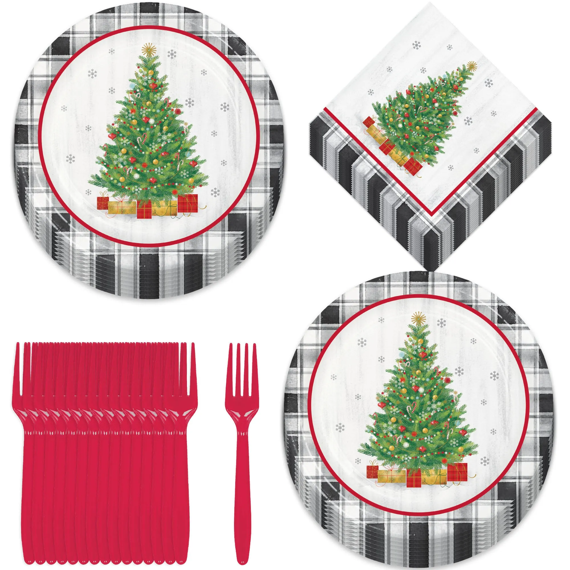 Vintage Christmas Tree Buffalo Plaid Holiday Party Paper Dinner Plates, Lunch Napkins, and Forks (Serves 16)